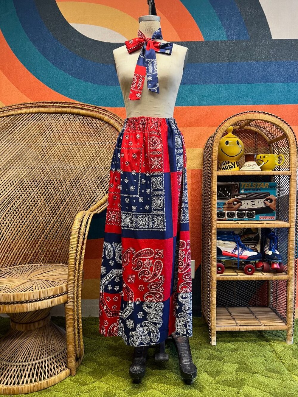 EUC Vintage 1970s Handmade Bandana Print Maxi Skirt w Pocket and Belt Size Small